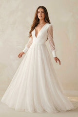 A Line V Neck Long Sleeves Tulle Wedding Dress - KISS BRIDAL Wedding Dresses