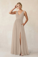 A - Line V - Neck Pleated Chiffon Bridesmaid Dress in Almond - KISS BRIDAL Bridesmaid Dresses