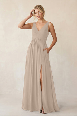 A - Line V - Neck Pleated Chiffon Bridesmaid Dress in Almond - KISS BRIDAL Bridesmaid Dresses