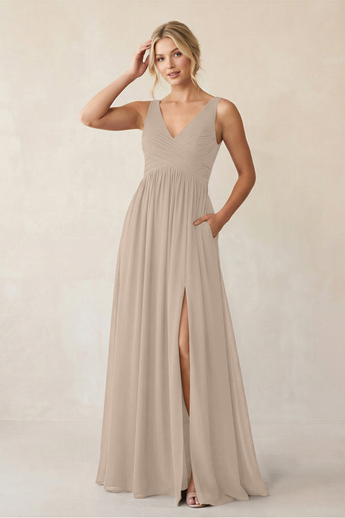 A - Line V - Neck Pleated Chiffon Bridesmaid Dress in Almond - KISS BRIDAL Bridesmaid Dresses