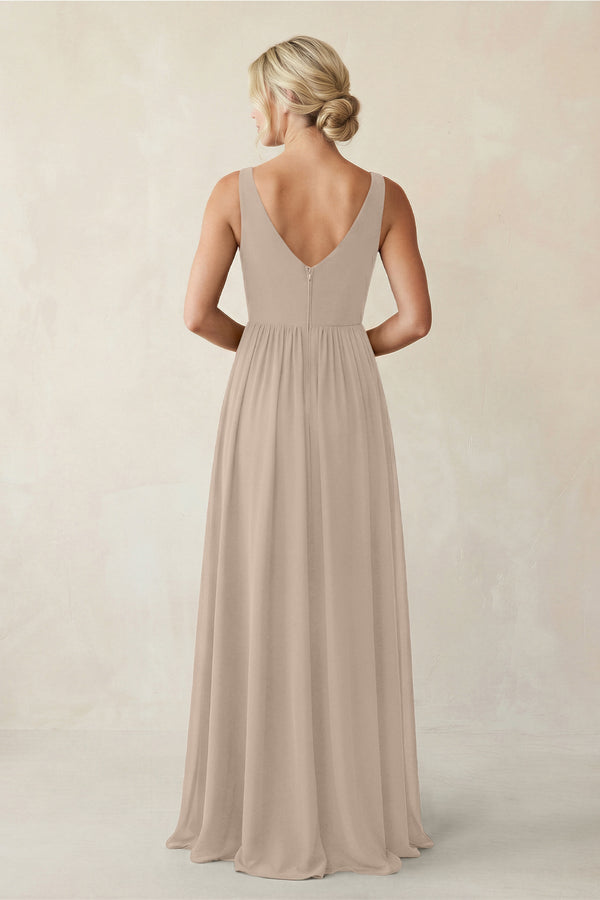A - Line V - Neck Pleated Chiffon Bridesmaid Dress in Almond - KISS BRIDAL Bridesmaid Dresses