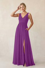 A - Line V - Neck Pleated Chiffon Bridesmaid Dress in Amethyst - KISS BRIDAL Bridesmaid Dresses