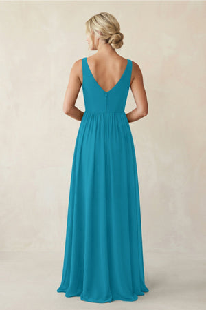 A - Line V - Neck Pleated Chiffon Bridesmaid Dress in Blue Jay - KISS BRIDAL Bridesmaid Dresses