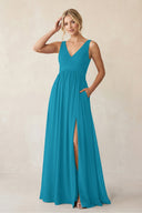 A - Line V - Neck Pleated Chiffon Bridesmaid Dress in Blue Jay - KISS BRIDAL Bridesmaid Dresses
