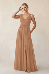A - Line V - Neck Pleated Chiffon Bridesmaid Dress in Bronzer - KISS BRIDAL Bridesmaid Dresses
