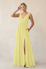 A - Line V - Neck Pleated Chiffon Bridesmaid Dress in Buttercup - KISS BRIDAL Bridesmaid Dresses