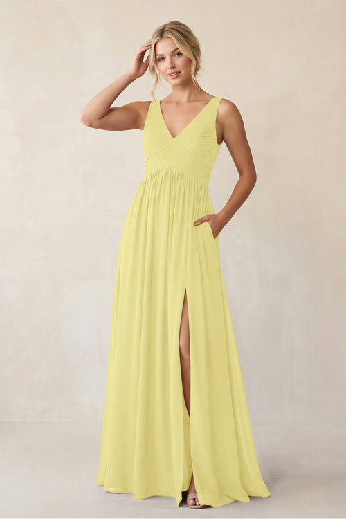 A - Line V - Neck Pleated Chiffon Bridesmaid Dress in Buttercup - KISS BRIDAL Bridesmaid Dresses