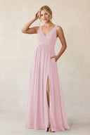 A - Line V - Neck Pleated Chiffon Bridesmaid Dress in Candy Pink - KISS BRIDAL Bridesmaid Dresses