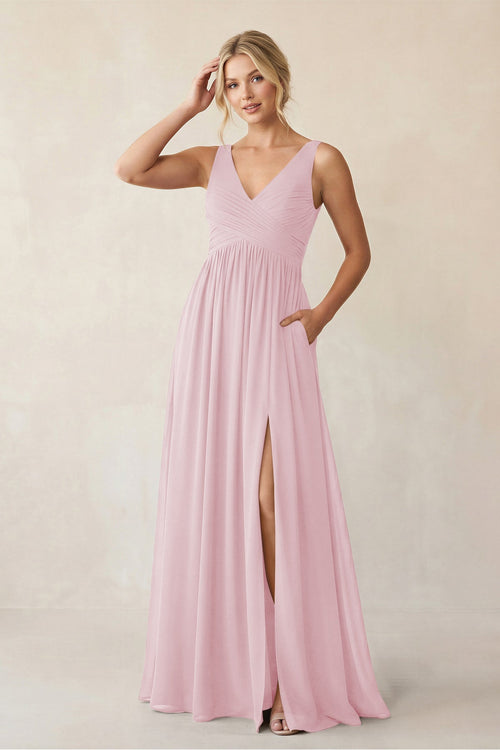 A - Line V - Neck Pleated Chiffon Bridesmaid Dress in Candy Pink - KISS BRIDAL Bridesmaid Dresses