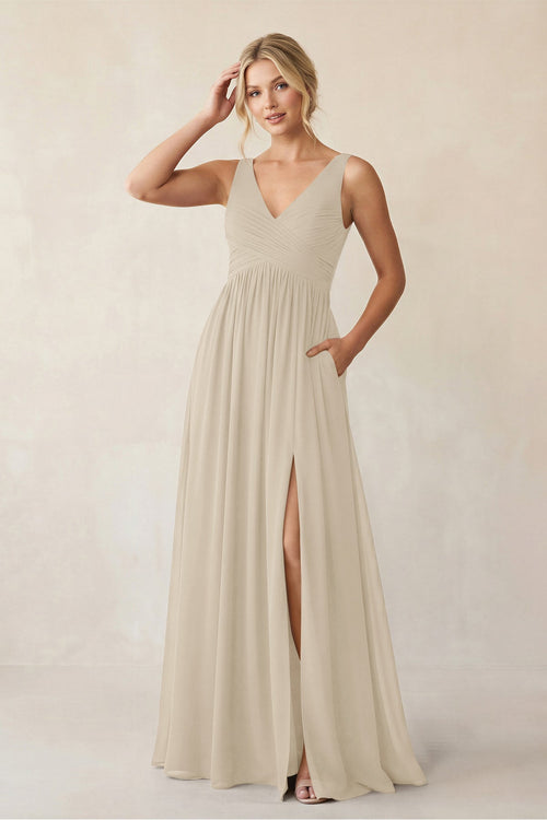 A - Line V - Neck Pleated Chiffon Bridesmaid Dress in Champagne - KISS BRIDAL Bridesmaid Dresses