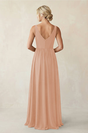 A - Line V - Neck Pleated Chiffon Bridesmaid Dress in Champagne Rose - KISS BRIDAL Bridesmaid Dresses