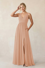 A - Line V - Neck Pleated Chiffon Bridesmaid Dress in Champagne Rose - KISS BRIDAL Bridesmaid Dresses