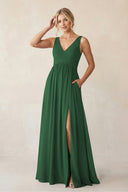 A - Line V - Neck Pleated Chiffon Bridesmaid Dress in Dark Green - KISS BRIDAL Bridesmaid Dresses