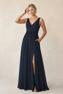 A - Line V - Neck Pleated Chiffon Bridesmaid Dress in Dark Navy - KISS BRIDAL Bridesmaid Dresses