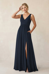 A - Line V - Neck Pleated Chiffon Bridesmaid Dress in Dark Navy - KISS BRIDAL Bridesmaid Dresses