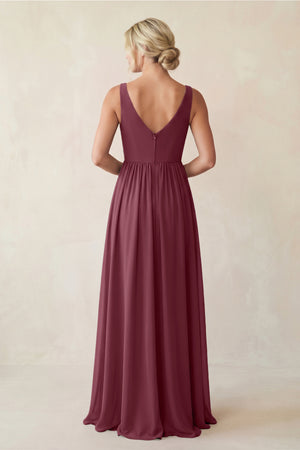 A-Line V-Neck Pleated Chiffon Bridesmaid Dress in Desert Rose (2) | KISSBRIDAL