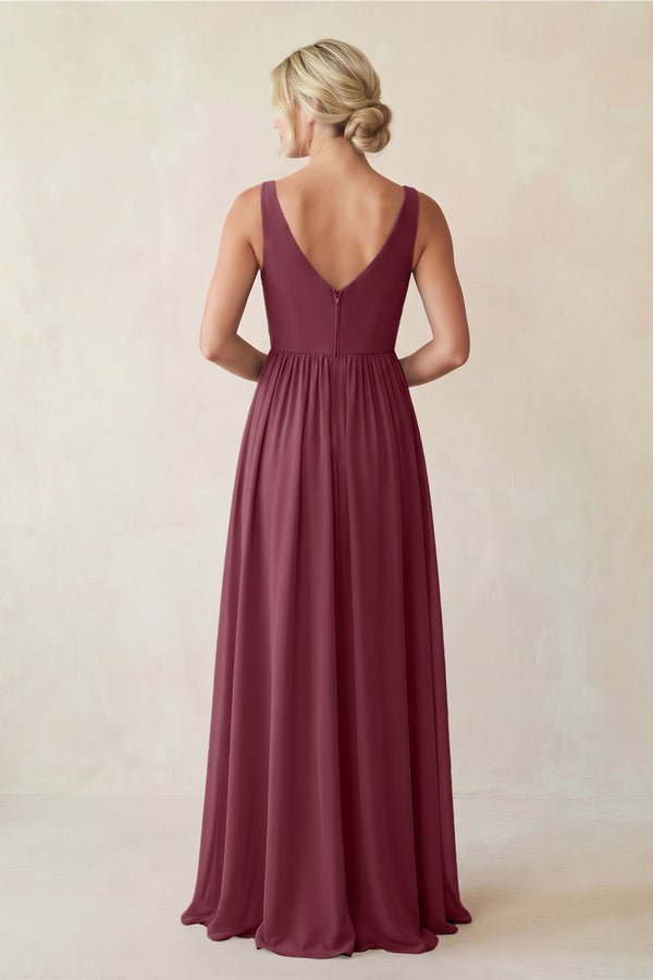 A-Line V-Neck Pleated Chiffon Bridesmaid Dress in Desert Rose (2) | KISSBRIDAL