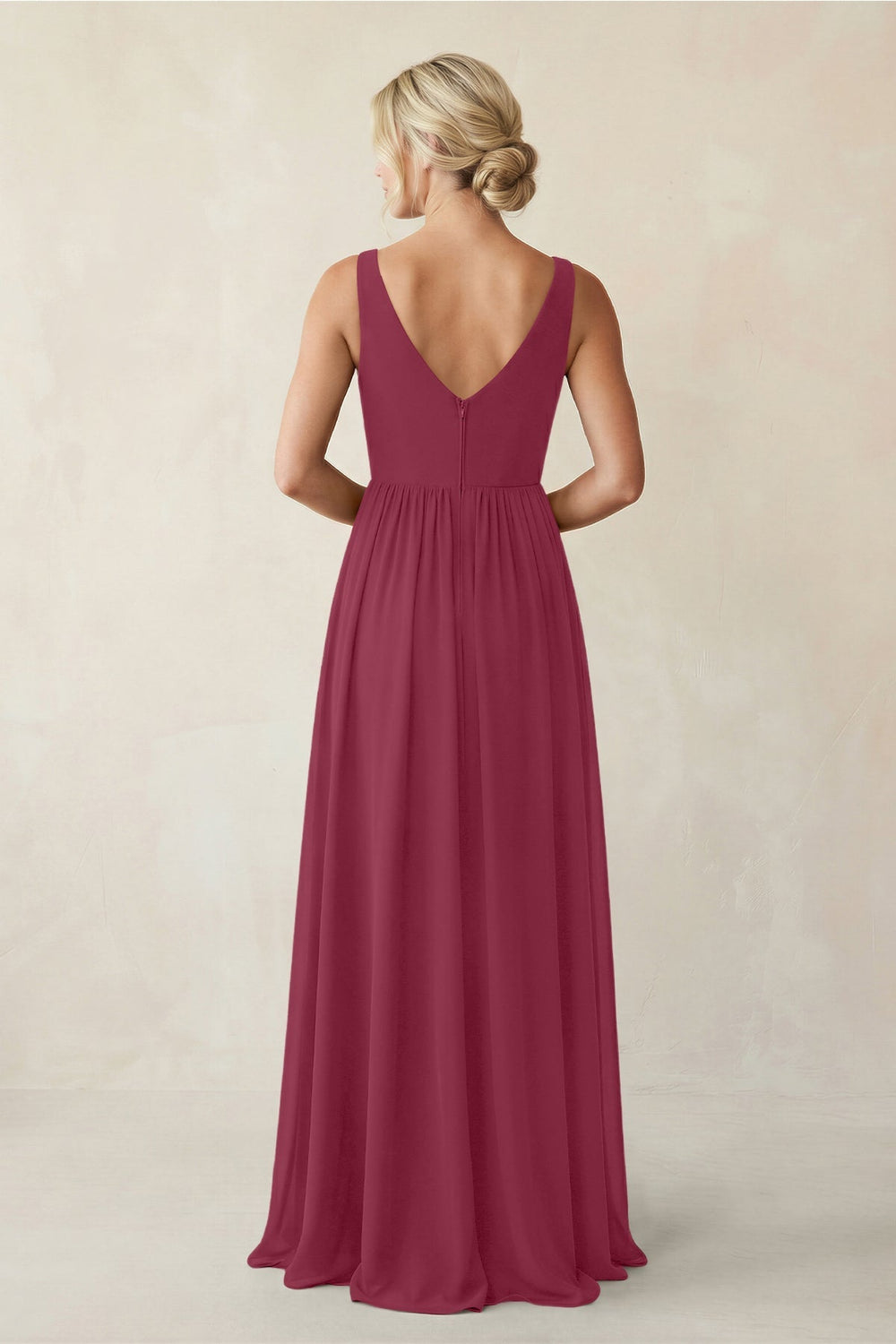 A - Line V - Neck Pleated Chiffon Bridesmaid Dress in Desert Rose - KISS BRIDAL Bridesmaid Dresses