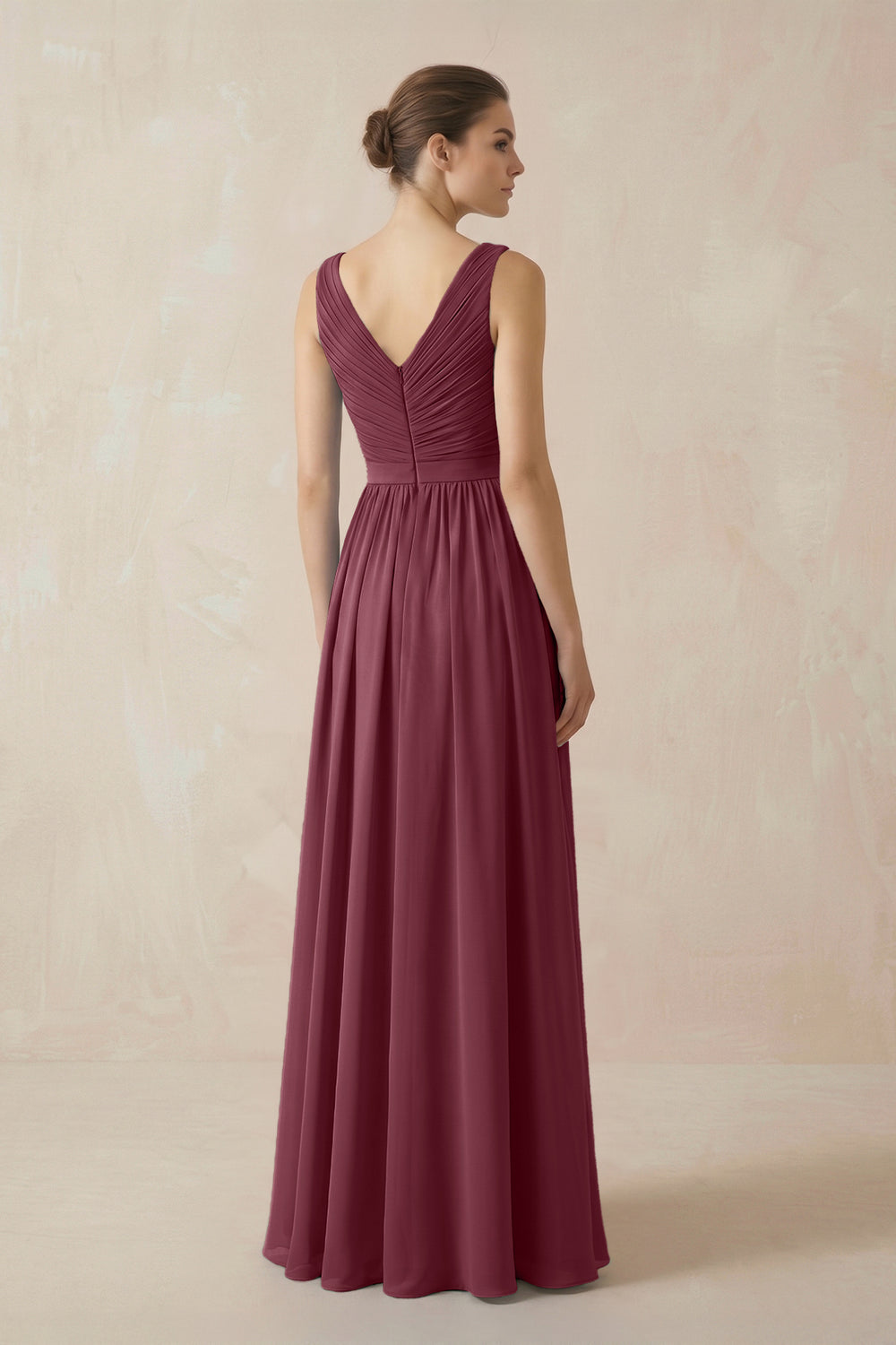 A-Line V-Neck Pleated Chiffon Bridesmaid Dress in Desert Rose