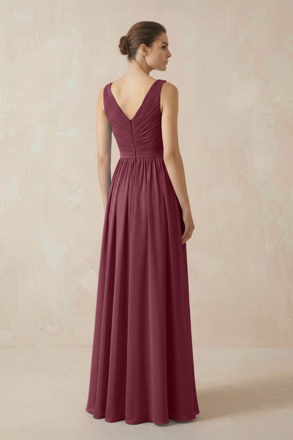 A-Line V-Neck Pleated Chiffon Bridesmaid Dress in Desert Rose (2) | KISSBRIDAL