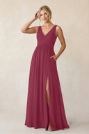 A - Line V - Neck Pleated Chiffon Bridesmaid Dress in Desert Rose - KISS BRIDAL Bridesmaid Dresses