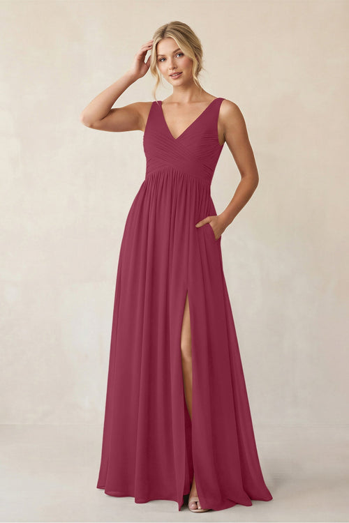 A - Line V - Neck Pleated Chiffon Bridesmaid Dress in Desert Rose - KISS BRIDAL Bridesmaid Dresses