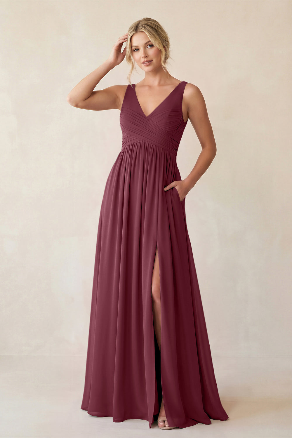 A-Line V-Neck Pleated Chiffon Bridesmaid Dress in Desert Rose