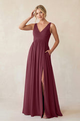 A-Line V-Neck Pleated Chiffon Bridesmaid Dress in Desert Rose | KISSBRIDAL