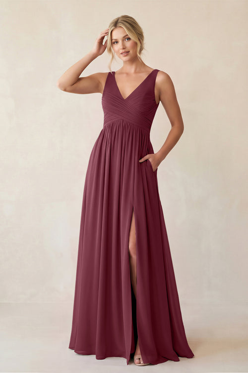 A-Line V-Neck Pleated Chiffon Bridesmaid Dress in Desert Rose | KISSBRIDAL