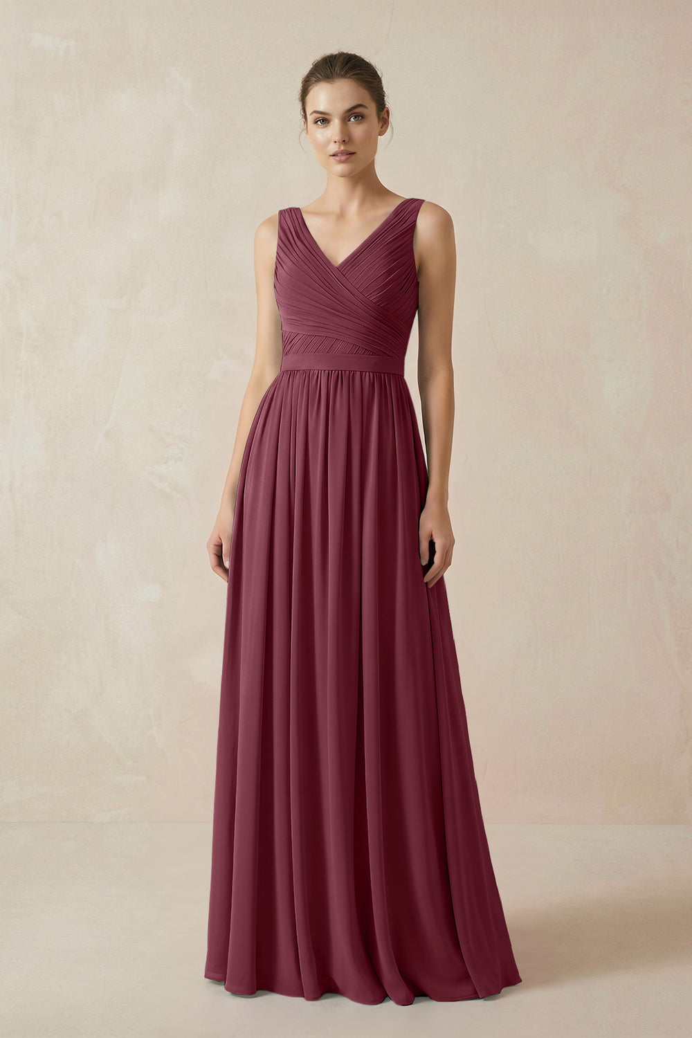 A-Line V-Neck Pleated Chiffon Bridesmaid Dress in Desert Rose