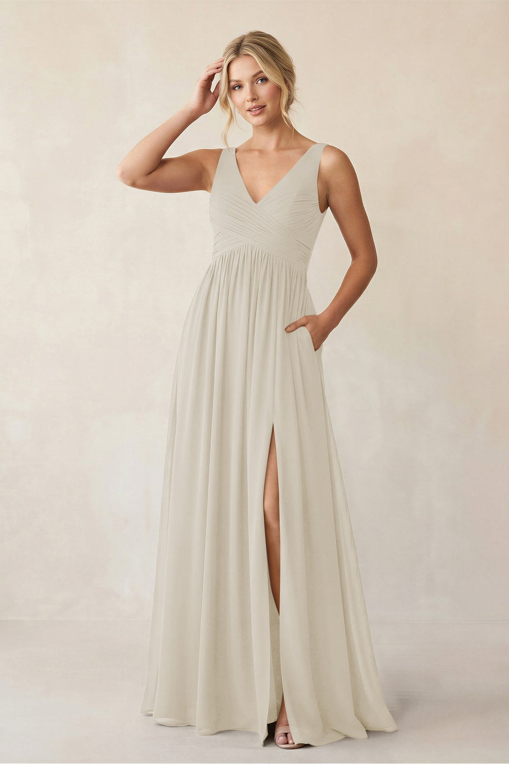 A - Line V - Neck Pleated Chiffon Bridesmaid Dress in Dove Gray - KISS BRIDAL Bridesmaid Dresses