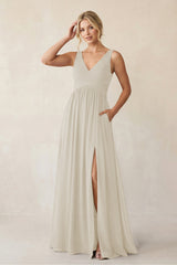 A - Line V - Neck Pleated Chiffon Bridesmaid Dress in Dove Gray - KISS BRIDAL Bridesmaid Dresses