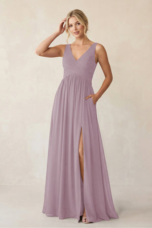 A - Line V - Neck Pleated Chiffon Bridesmaid Dress in Dusk - KISS BRIDAL Bridesmaid Dresses