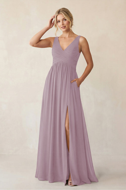 A - Line V - Neck Pleated Chiffon Bridesmaid Dress in Dusk - KISS BRIDAL Bridesmaid Dresses
