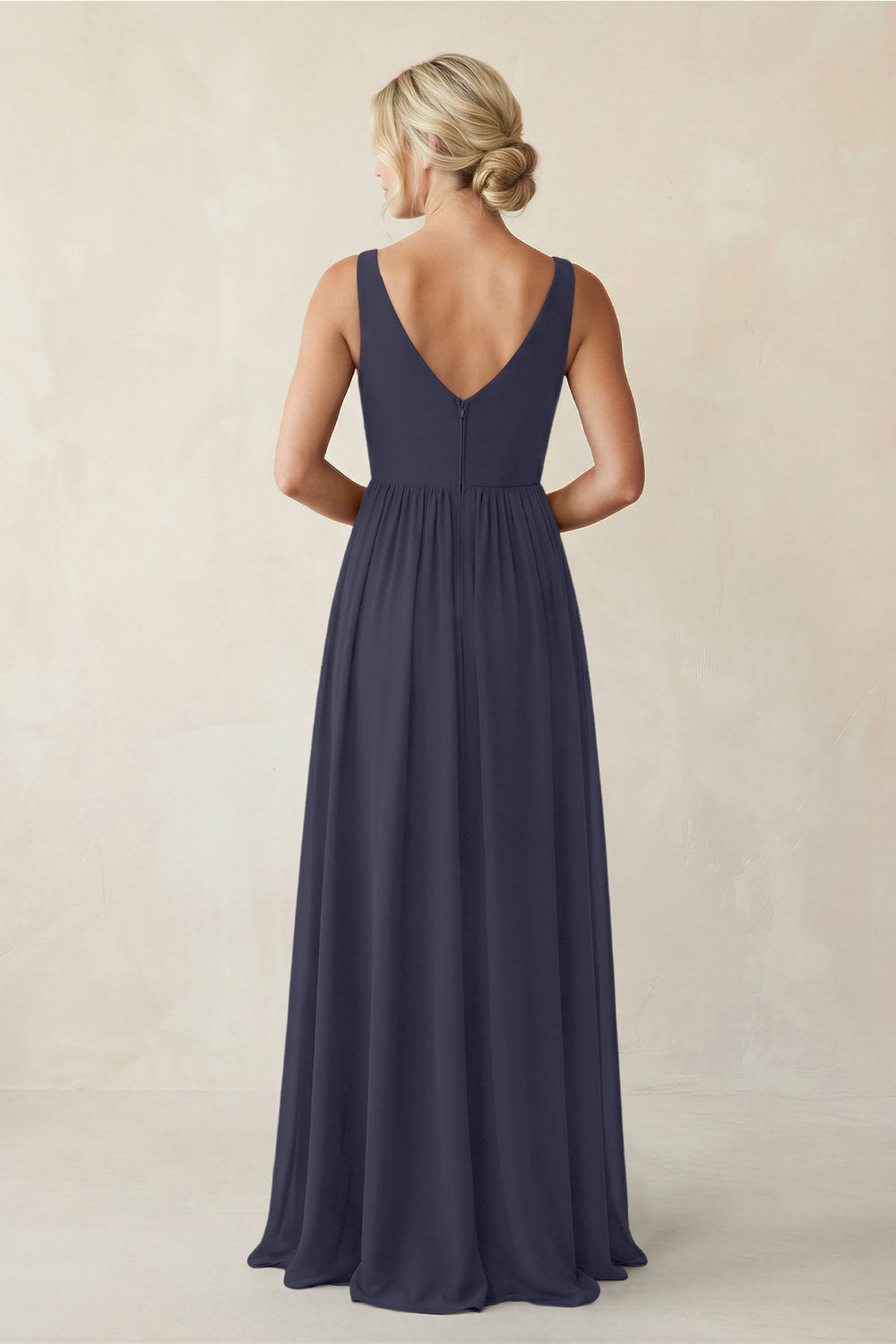 A - Line V - Neck Pleated Chiffon Bridesmaid Dress in Dusk Blue - KISS BRIDAL Bridesmaid Dresses