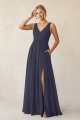 A - Line V - Neck Pleated Chiffon Bridesmaid Dress in Dusk Blue - KISS BRIDAL Bridesmaid Dresses