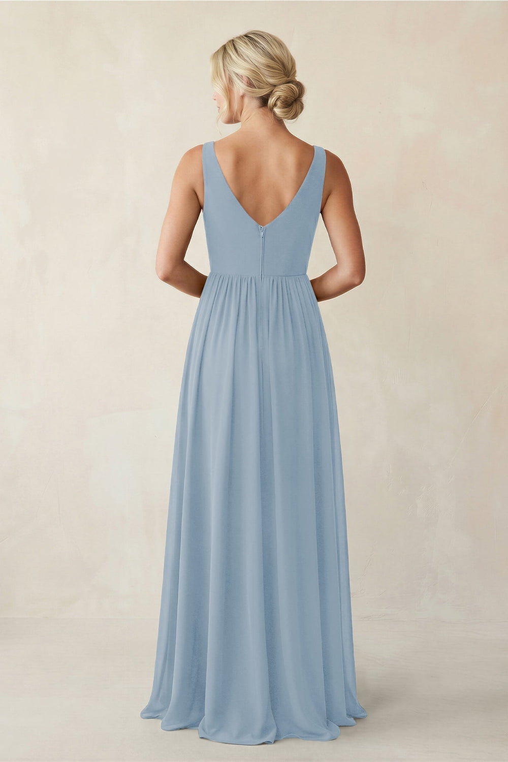A - Line V - Neck Pleated Chiffon Bridesmaid Dress in Dusty Blue - KISS BRIDAL Bridesmaid Dresses