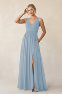A - Line V - Neck Pleated Chiffon Bridesmaid Dress in Dusty Blue - KISS BRIDAL Bridesmaid Dresses
