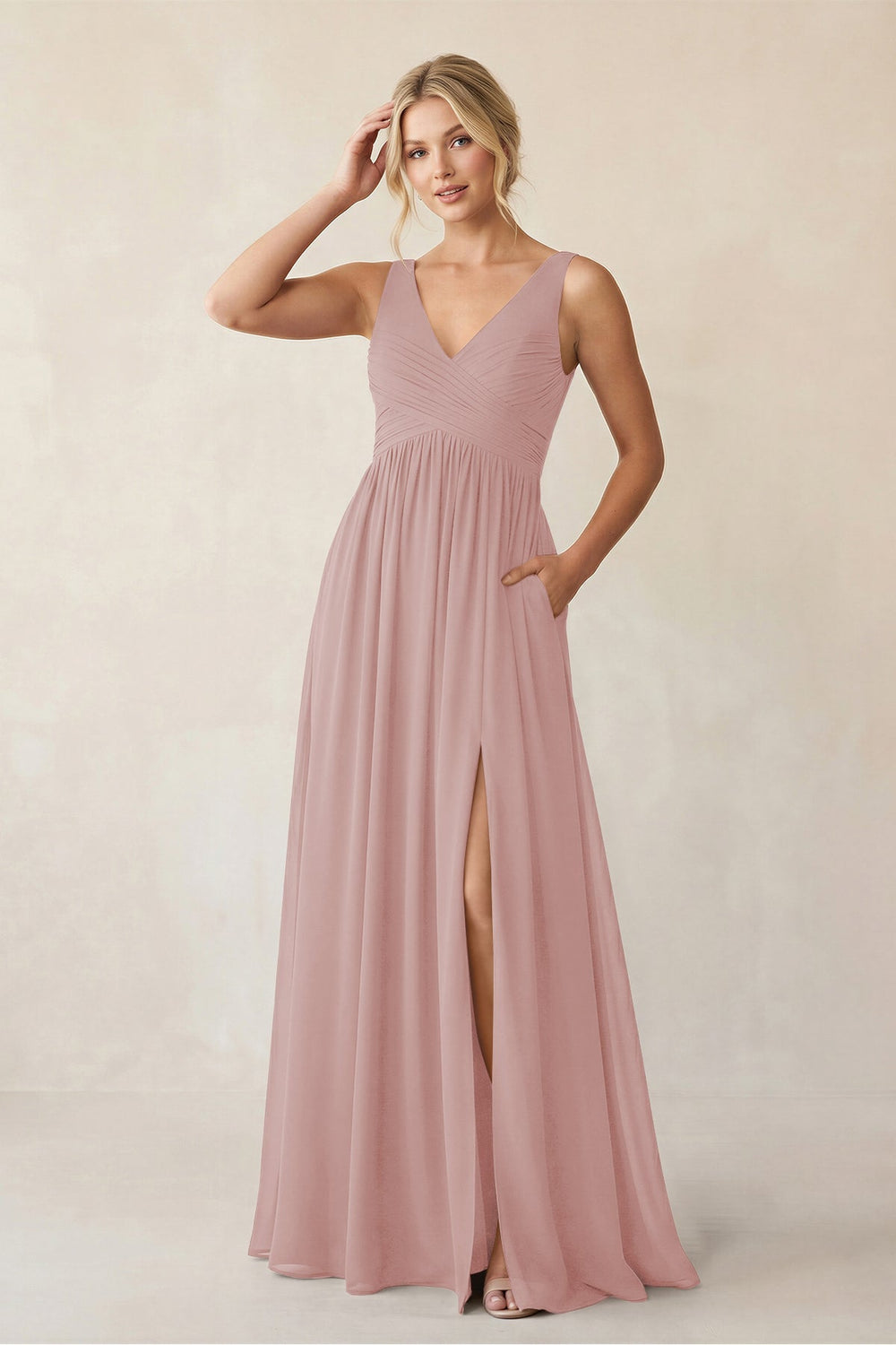 A - Line V - Neck Pleated Chiffon Bridesmaid Dress in Dusty Rose - KISS BRIDAL Bridesmaid Dresses