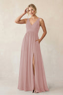 A - Line V - Neck Pleated Chiffon Bridesmaid Dress in Dusty Rose - KISS BRIDAL Bridesmaid Dresses