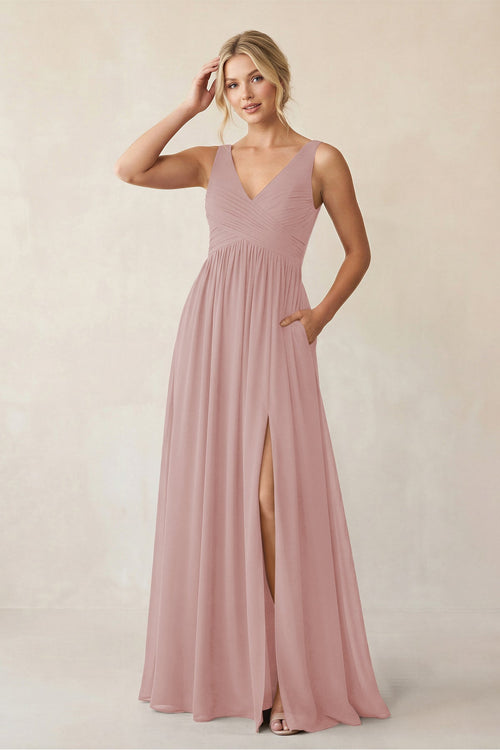 A - Line V - Neck Pleated Chiffon Bridesmaid Dress in Dusty Rose - KISS BRIDAL Bridesmaid Dresses