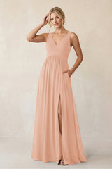 A - Line V - Neck Pleated Chiffon Bridesmaid Dress in English Rose - KISS BRIDAL Bridesmaid Dresses