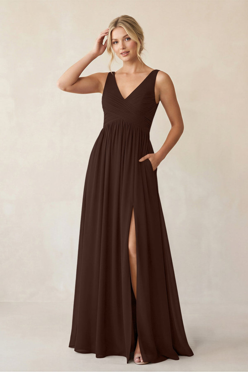 A - Line V - Neck Pleated Chiffon Bridesmaid Dress in Espresso - KISS BRIDAL Bridesmaid Dresses