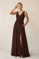 A - Line V - Neck Pleated Chiffon Bridesmaid Dress in Espresso - KISS BRIDAL Bridesmaid Dresses