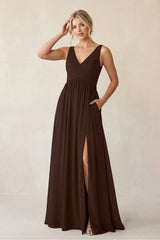 A - Line V - Neck Pleated Chiffon Bridesmaid Dress in Espresso - KISS BRIDAL Bridesmaid Dresses