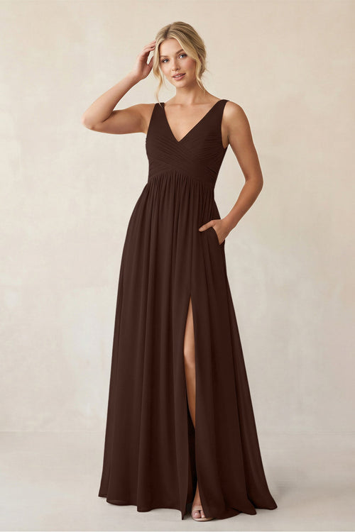 A - Line V - Neck Pleated Chiffon Bridesmaid Dress in Espresso - KISS BRIDAL Bridesmaid Dresses
