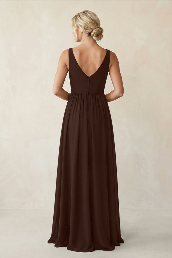 A - Line V - Neck Pleated Chiffon Bridesmaid Dress in Espresso - KISS BRIDAL Bridesmaid Dresses