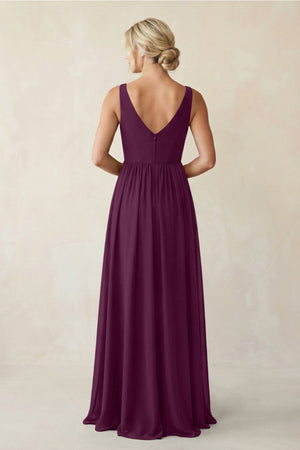 A - Line V - Neck Pleated Chiffon Bridesmaid Dress in Fig - KISS BRIDAL Bridesmaid Dresses