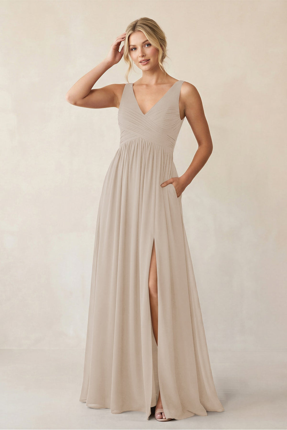 A - Line V - Neck Pleated Chiffon Bridesmaid Dress in Frost - KISS BRIDAL Bridesmaid Dresses