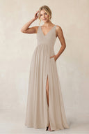 A - Line V - Neck Pleated Chiffon Bridesmaid Dress in Frost - KISS BRIDAL Bridesmaid Dresses